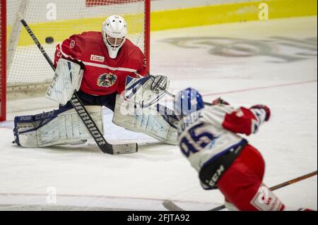 Jindrichuv Hradec, République tchèque. 24 avril 2021. L-R Alexander Schmidt (AUT) et Matej Blumel (CZE) en action lors du jeu amical défi de hockey Euro Czechia vs Autriche, le 24 avril 2021, à Jindrichuv Hradec, République tchèque. Crédit: Vaclav Pancer/CTK photo/Alay Live News Banque D'Images