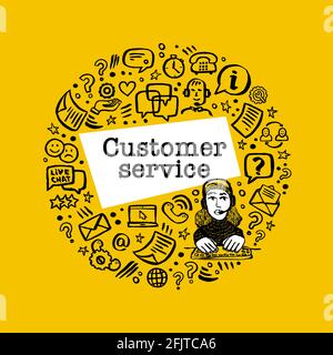 Concept de service client. Chat en ligne. Cadre de forme ronde avec aide et support connexe Vector icônes dessinées à la main et caractère femelle sur jaune Illustration de Vecteur