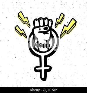 Mouvement de puissance de fille. Symbole de sexe féminin style Doodle et poing en relief sur fond blanc. Mouvement féministe, action de protestation, pouvoir des filles. Vecteur Illustration de Vecteur