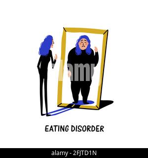 Psychologie. Troubles de l'alimentation, anorexie ou boulimie. Jeune femme mince regardant dans le miroir et se considérant comme un surpoids. Vecteur plat style Doodle Illustration de Vecteur