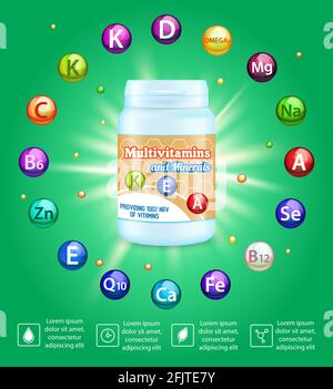 Modèle d'affiche de vecteur publicitaire complexe multivitamin. Suppléments de vitamines et de minéraux. Soins de santé, industrie pharmaceutique Illustration de Vecteur
