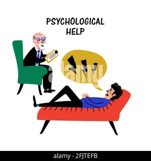 Psychologie. Aide psychologique. Médecin et patient, un homme allongé sur un canapé et parlant à un thérapeute. Illustration vectorielle plate de style Doodle Illustration de Vecteur