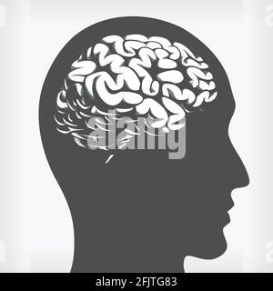 Silhouette Brain à l'intérieur de la tête humaine profil latéral Stencil dessin vectoriel Illustration de Vecteur