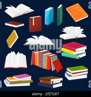 Ensemble de livres et de manuels vectoriels avec piles de dessins animés ou piles de livres ouverts et fermés avec pages de papier vierges et signets. Manuels, dictionnaire et enc Illustration de Vecteur