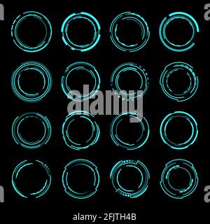 Cadres ou bordures ronds HUD, éléments de néon circulaires de science-fiction vectoriels pour interface utilisateur. Cercles lumineux futuristes, boutons pour jeux informatiques ou menu d'applications Illustration de Vecteur