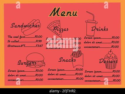 Exemple de menu de restauration rapide avec police présélectionnée, objets de dessin au trait. Place pour les sandwiches, hamburgers, pizzas, bonbons, boissons et desserts. Illustration de Vecteur