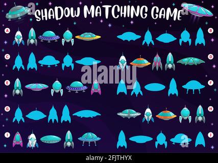 Shadow Match jeu pour enfants avec des fusées et des vaisseaux spatiaux, trouver et match vecteur jeu de société. Puzzle de jeu de tableau de dessin animé pour enfants pour assortir les ombres des fusées et al Illustration de Vecteur