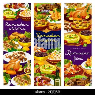 Repas du Ramadan, Iftar Islam cuisines menu repas pour Eid Mubarak, les plats du restaurant Vector. Ramadan Kareem Menu traditionnel Iftar bennyani Sweet dump Illustration de Vecteur