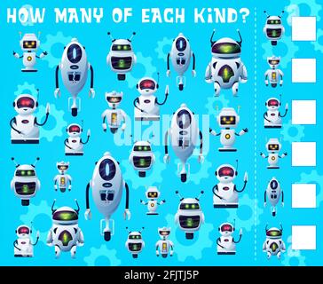 Enfants Je spay jeu avec des robots et des droïdes, jeu de devinettes de table, vecteur. J'ai spay jeu pour les enfants avec des robots futuristes de dessin animé, androïdes et cosmique extraterrestre c Illustration de Vecteur