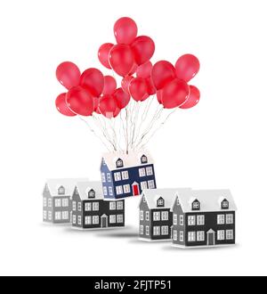 Concept de maison mobile montrant une maison dans une rangée de maisons se levant avec des ballons rouges. Isolé sur un arrière-plan blanc avec espace de copie Banque D'Images