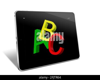 Tablette PC avec les lettres A B C, illustration 3D sur fond blanc Banque D'Images