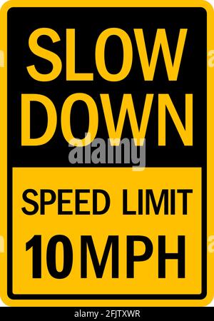 Signal de limite de vitesse de ralentissement de 10 mi/h. Noir sur fond jaune. Panneaux de signalisation et symboles. Illustration de Vecteur