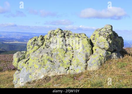 France, Lozère, massif Central, Mont Aigoual à la frontière avec le Gard, vue sur les Cévennes avec en premier plan un paysage culturel vivant de l'agro-pastoralisme méditerranéen inscrit au patrimoine mondial de l'UNESCO Banque D'Images