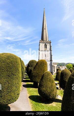 L'église St Marys avec quelques-uns de ses 99 arbres de yew dans le village Cotswold de Painswick, Gloucestershire UK Banque D'Images