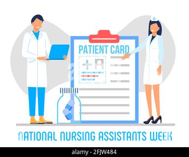 La semaine nationale des infirmières auxiliaires est célébrée en juin aux États-Unis. L'infirmière médicale est debout avec le stéthoscope sur fond bleu. Le lettrage est tha Illustration de Vecteur