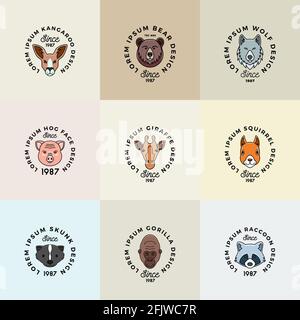 Style de ligne animaux visages ensemble avec Typographie rétro. Collection de symboles, de symboles ou de modèles de logos vectoriels abstraits. Dessin animé Kangaroo, Ours, Giraffe Illustration de Vecteur
