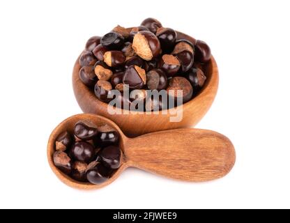 Graines de guarana dans un bol et une cuillère en bois, isolées sur fond blanc. Supplément alimentaire guarana, source de caféine pour boissons énergétiques. Banque D'Images