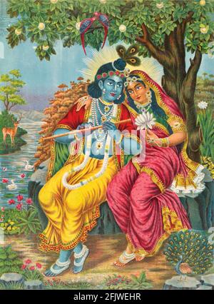 Krishna et Radha - Lovebirds - œuvres d'art indiennes anciennes. Banque D'Images