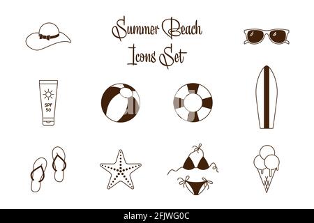 Collection vectorielle noir et blanc d'icônes de vacances en mer. Décrivez les icônes d'été pour les vacances de loisirs de plage Illustration de Vecteur