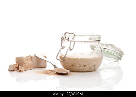 Différents types de levure. Levure fraîche pressée, sèche et instantanée et démarreur de levain de blé actif (levure sauvage) isolé sur fond blanc. Banque D'Images