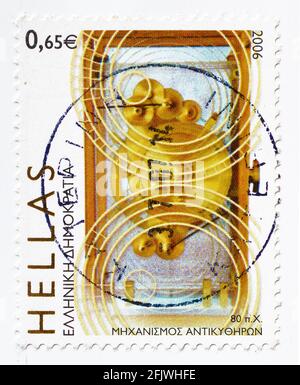 Timbre-poste annulé imprimé par la Grèce, qui montre le mécanisme Antikythera, vers 2006. Banque D'Images