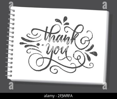 Merci de vous lettrage à la main avec l'art de fleurir sur fond blanc. Phrase dessinée à la main sur le carnet d'esquisses. Illustration d'impression vectorielle. Illustration de Vecteur