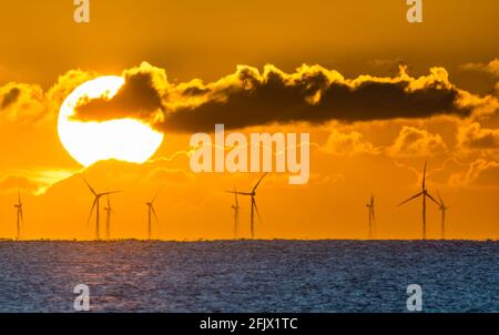 Lever de soleil sur la mer montrant l'Rampion parcs offshore éoliennes dans la mer au large de la côte sud de l'Angleterre, Royaume-Uni. L'énergie éolienne en mer. Banque D'Images