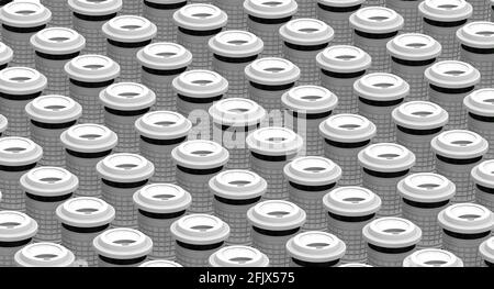 Beaucoup de tasses thermo pour les boissons chaudes. Il y a beaucoup de tasses Thermo noir et blanc pour les boissons chaudes stand dans une rangée. Illustration 3D Banque D'Images