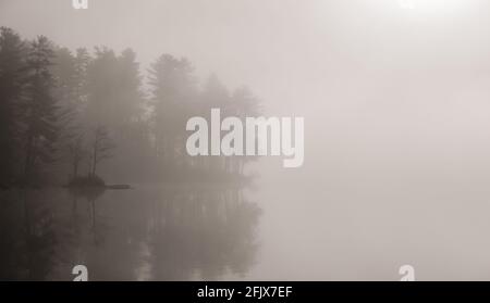 Brouillard sur le lac Cobbossee, Maine Banque D'Images