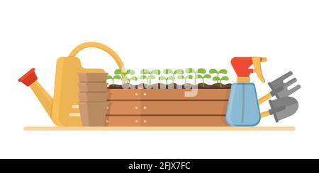 Composition avec outils de jardinage isolés sur fond blanc. Illustration de Vecteur