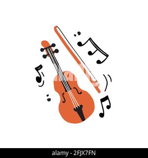 Illustration vectorielle d'un violon professionnel minimaliste et d'un arc d'orange couleur dessinée à la main dans un style de dessin animé plat jouant un classique créatif musique au milieu de notes abstraites pendant le concert Illustration de Vecteur