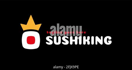 Logo Crown sushi. Restaurant de fruits de mer japonais Vector, symbole de sushis royaux frais ou rouleau avec couronne de roi Illustration de Vecteur