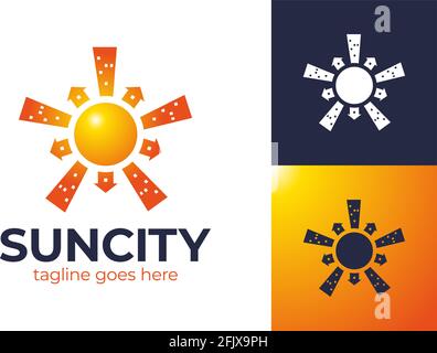 Logo Sun City. Sun sur CityScape gratte-ciel Business City logotype design modèle vectoriel. Architecture immobilière Construction logotype concept ic Illustration de Vecteur