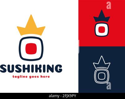 Logo Crown sushi. Restaurant de fruits de mer japonais Vector, symbole de sushis royaux frais ou rouleau avec couronne de roi Illustration de Vecteur