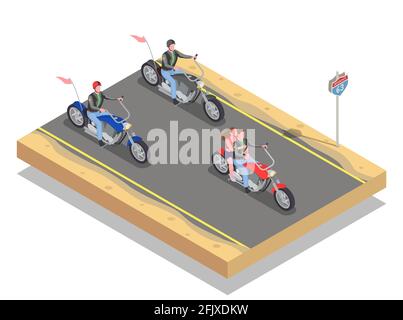 Composition isométrique avec motards mâles et femelles à motos colorées illustration vectorielle 3d Illustration de Vecteur