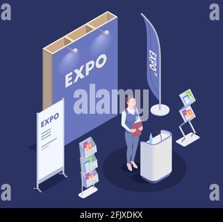 Femme faisant la promotion de marchandises près de l'expo stand composition isométrique sur bleu illustration vectorielle 3d d'arrière-plan Illustration de Vecteur