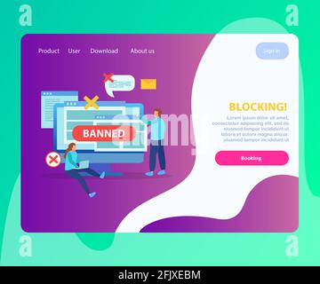 Site Internet bloquant les utilisateurs abusifs adresses ip page de renvoi plate avec messages interdits bulles symboles illustration vectorielle Illustration de Vecteur