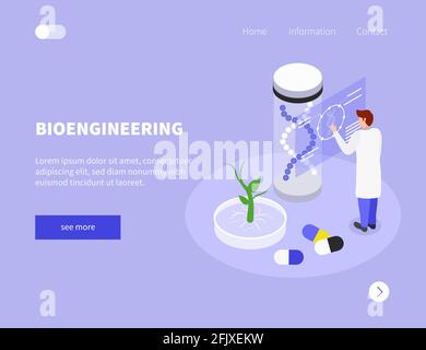 Arrière-plan isométrique GMO avec boutons de liens cliquables texte modifiable et images de médicaments scientifiques et illustration du vecteur d'adn Illustration de Vecteur