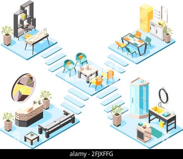 Hostel Isometric design ensemble de concept avec des éléments et des meubles de hall réception salle de bains intérieurs illustration vectorielle isométrique Illustration de Vecteur