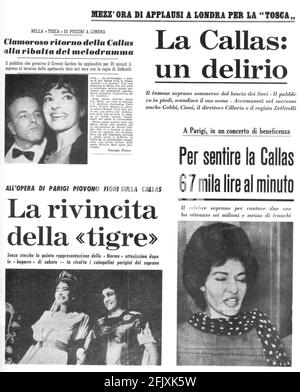 Années 1960 : la plus célèbre de toutes les fois la chanteuse d'opéra MARIA CALLAS ( Maria Anna Kalogeròpoulos - New York 1923 - Paris 1977 ) dans les journaux italiens titres pour ses performances dans ' Tosca' ( Puccini ) et ' Norma ' ( Bellini ) A Paris et Londres - THÉÂTRE - TEATRO - cantante lirica - classica - classique - Franco Zeffirelli - rassegna stampa --- Archivio GBB Banque D'Images