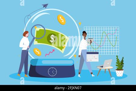 indicateur économique concept femmes grossissant monnaie dollar autour de la carte ordinateur portable avec dessin animé à plat Illustration de Vecteur