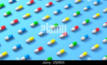 Pilules et capsules colorées sur fond bleu. rendu 3d. Banque D'Images