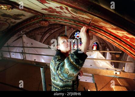 Sir Jocelny Stevens, président du patrimoine anglais, a annoncé aujourd'hui des offres de subvention cathederale totalisant plus de ¿3m. La cathédrale Saint-Albans a reçu ¿97K pour la restauration de peintures du XVe siècle sur les voûtes en bois insolites de la cathédrale. La photo montre Pauline Plummer, chef de l'équipe de restauration à l'œuvre Banque D'Images