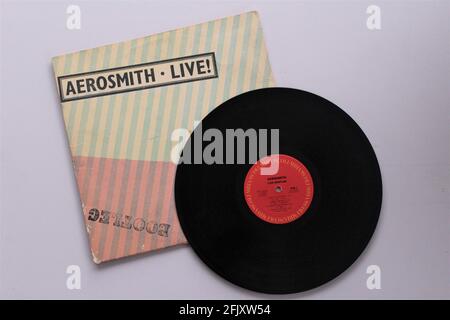 Groupe rock classique, Aerosmith, album de musique sur disque vinyle LP. Bootleg intitulé Banque D'Images