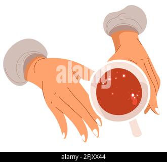 Tasse de thé chaud, mains tenant mug avec boisson Illustration de Vecteur