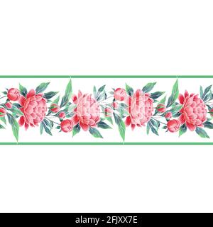 Bordure fleurie sans couture pour pivoines. Fleurs vintage de style oriental Banque D'Images