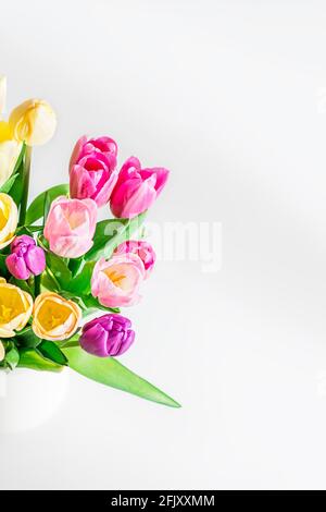 Magnifiques tulipes jaunes violets sur fond clair. Fleurs de printemps fraîches. Copier l'espace pour le texte. Vue de dessus Floral Summer concept. Photo verticale. Banque D'Images