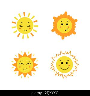 Ensemble de soleil mignon dessiné à la main. Jaune soleil drôle avec différentes émotions isolées sur fond blanc. Illustration enfantine vectorielle de style dessin animé plat Illustration de Vecteur