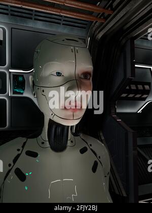 Cyborg femme dans un couloir spatial futuriste - rendu 3d Banque D'Images