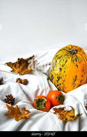 Citrouille sur fond blanc. Récolte d'automne. Copier l'espace. Persimmons et feuilles. Arrière-plan de l'automne Banque D'Images